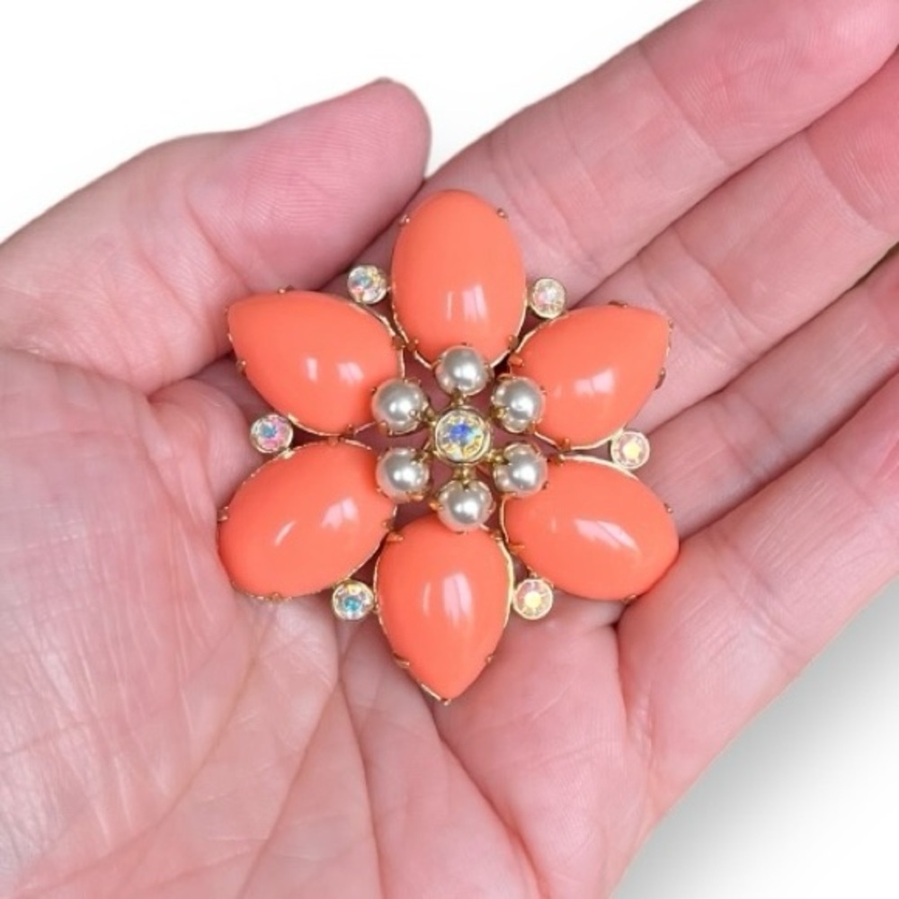 Vintage Brooch Coral Lucite Floral with Aurora Borealis Crystals and Faux Pearl